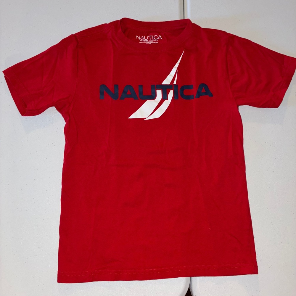 Nautica Boys Red Graphic Logo T-Shirt Size Medium 10/12 Short Sleeve Cotton Tee